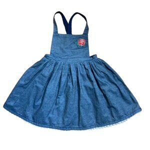 Disney Princess Girl's Overall Dress, Denim, Embroidered Rose, Lined, Straps, 4T